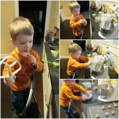 collage of pics of 2 year old Little Dude helping to make peanut butter blossom cookies
