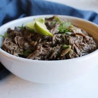 Bowl of barabacoa style venison ready to be put in a tortilla.