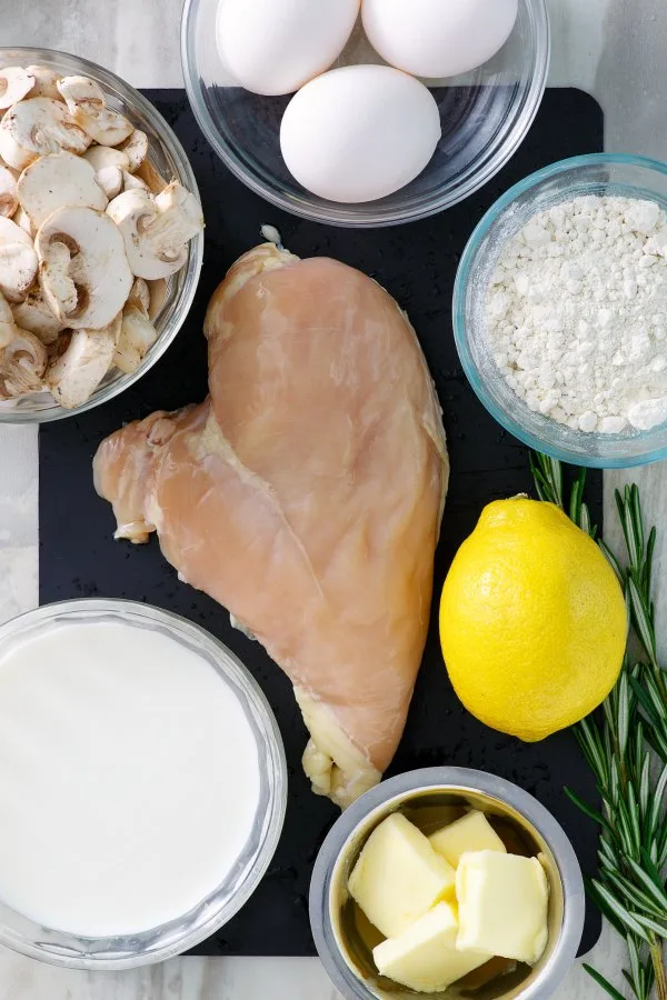 ingredients ready to be made into creamy chicken and mushroom baked crepes.