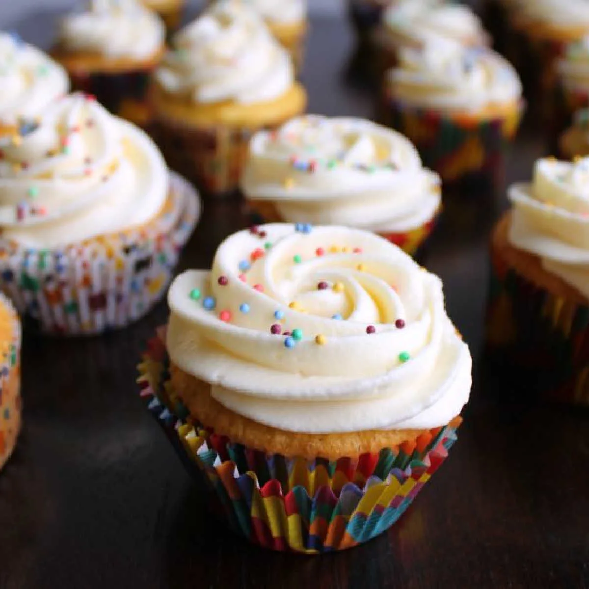 Cupcakes with vanilla russian buttercream piped on top finished with colorful sprinkles.