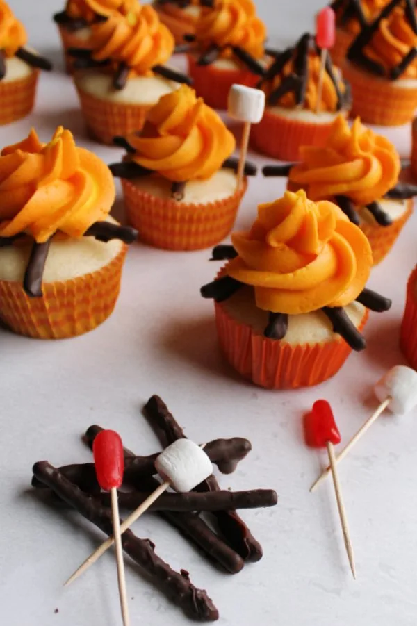 campfire cupcakes with pretzel twigs, and candy marshmallow and hot dog decorations.