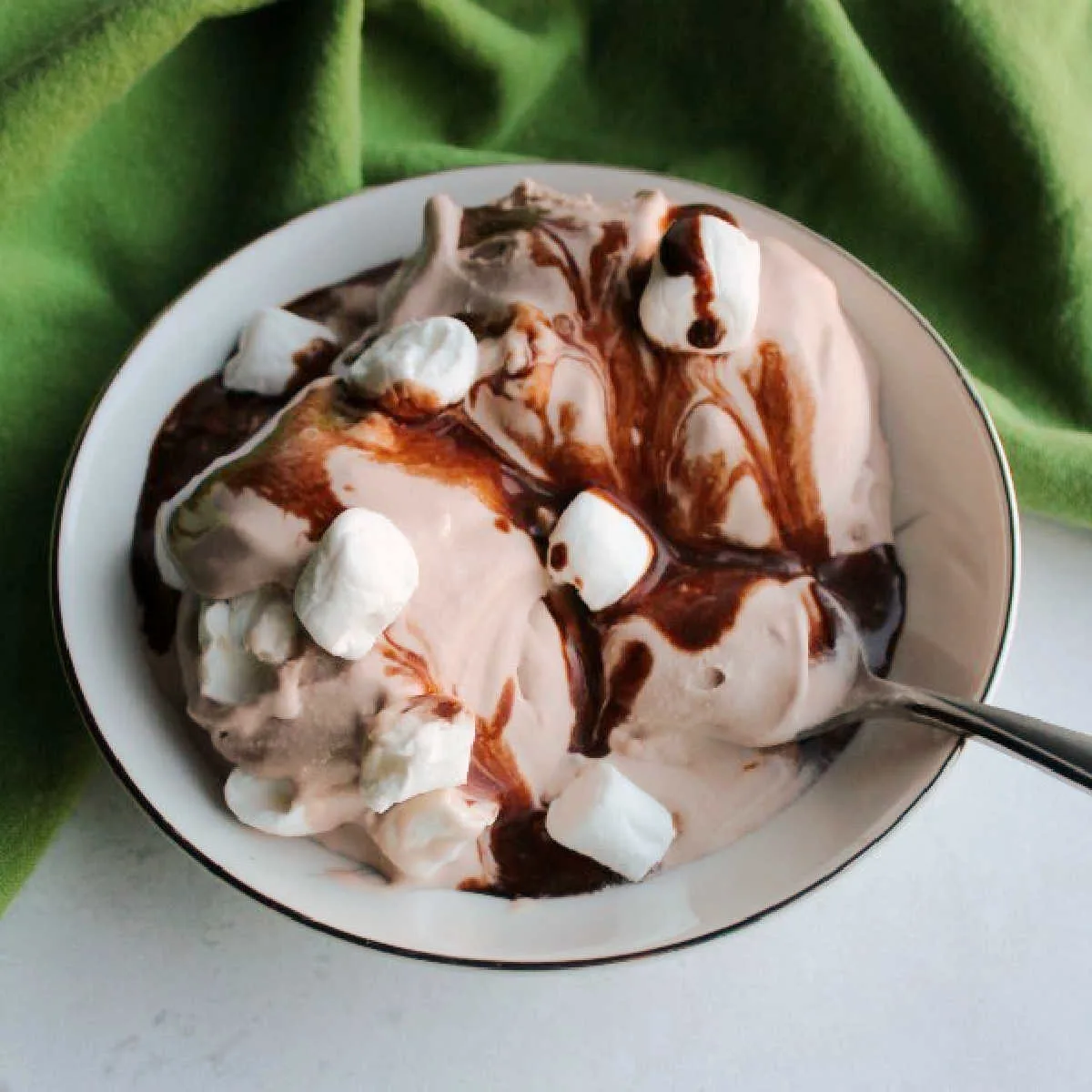 bowl of chocolate ice cream with marshmallows and hot fudge.