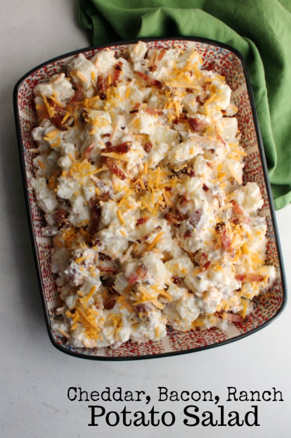 Potato salad is a classic BBQ side dish.  It is fabulous in all of its forms, but this cheddar bacon ranch recipe is especially popular.  It is great with burgers, pulled pork and more.  It is a fabulous way to switch up your side dish routine. 