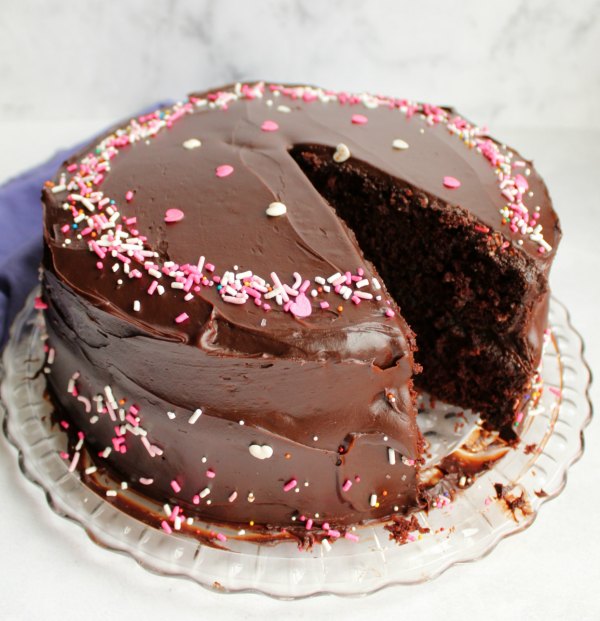 devilishly good chocolate cake with shiny fudge frosting and sprinkles, one slice missing