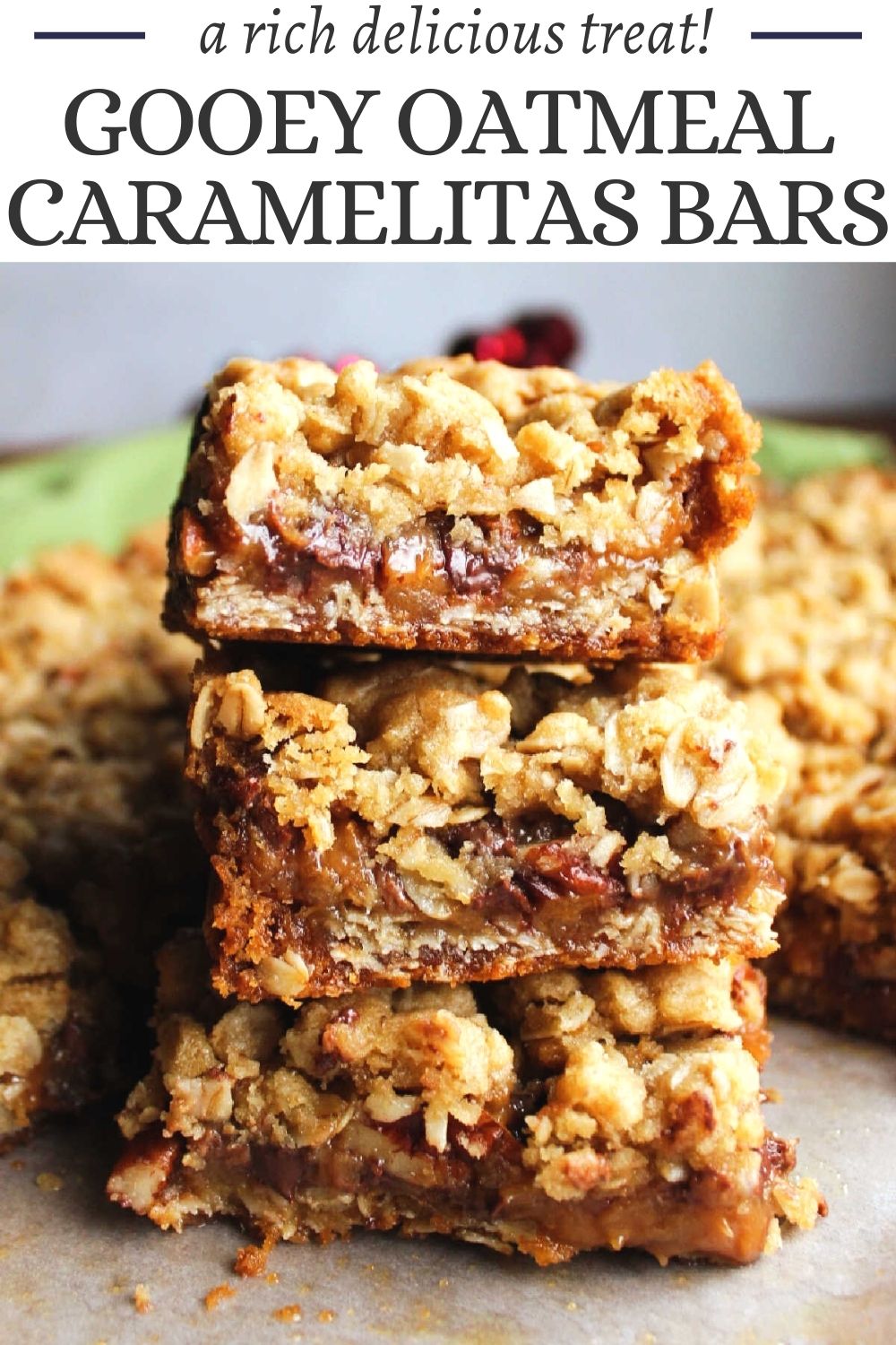 These gooey bars are the perfect mix of oatmeal, pecans, chocolate and caramel. They are easy to put together and taste amazing. Warm them up in the microwave for a few seconds for an extra gooey and decadent experience.
