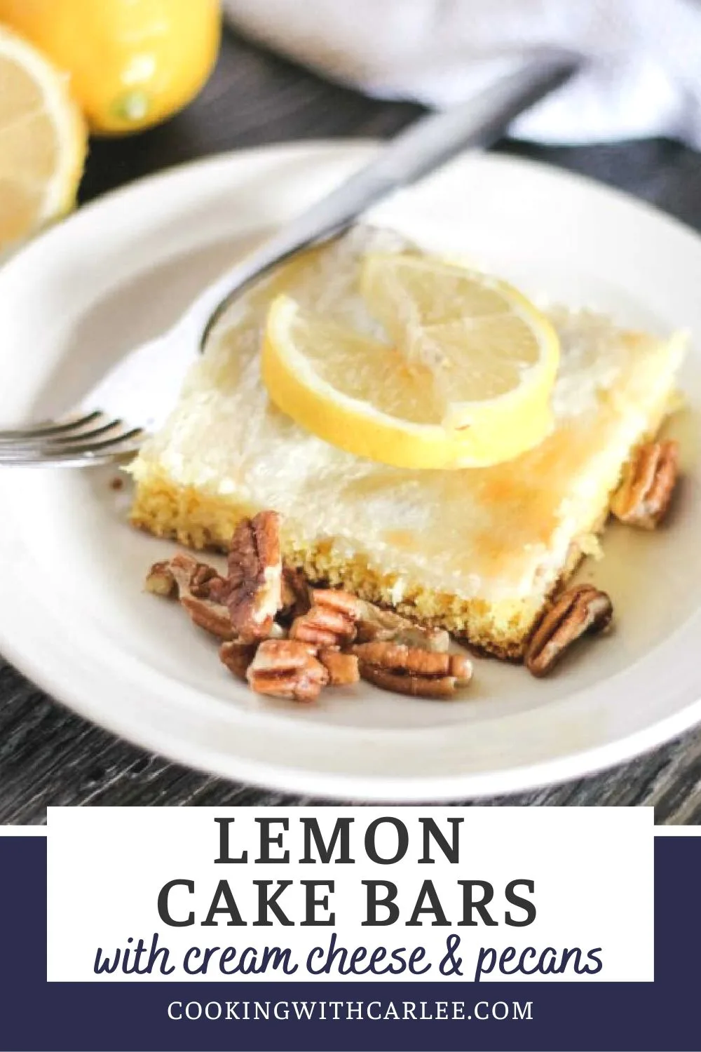 Luscious lemon, cream cheese and pecans come together in these easy to make dessert bars. They are quick and fabulous!