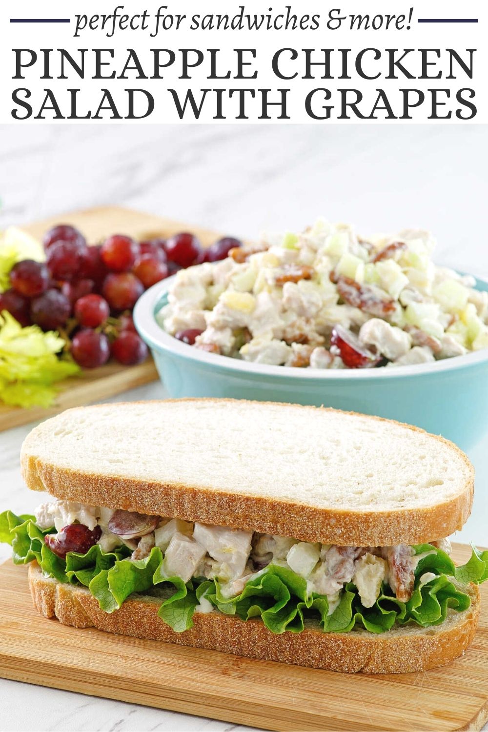 This chicken salad is the perfect mix of sweet and savory, creamy and crunchy. The addition of fruit and the simple dressing bring it all together to make a versatile and delicious sandwich filling, cracker topper and more.