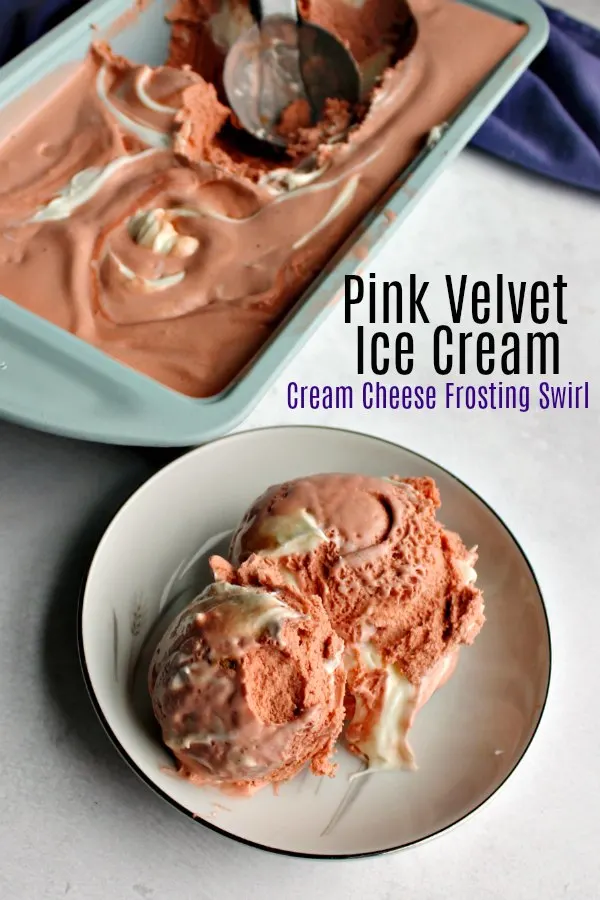 Creamy delicious lightly chocolate ice cream with a swirl of cream cheese frosting. If you like red velvet cake you are going to love this pink velvet ice cream.