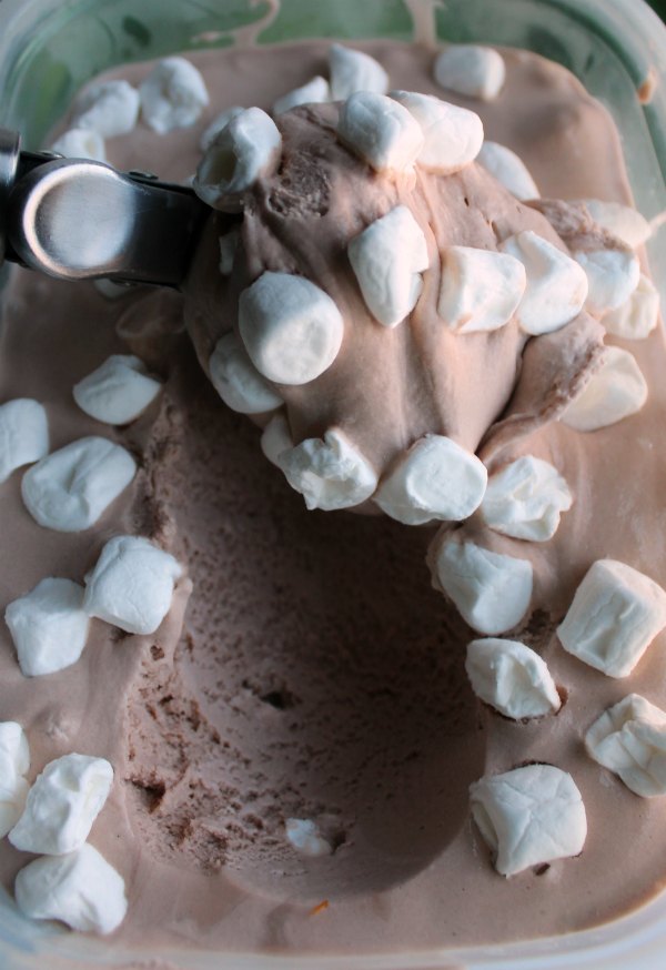 ice cream scoop getting a scoop of chocolate marshmallow ice cream.