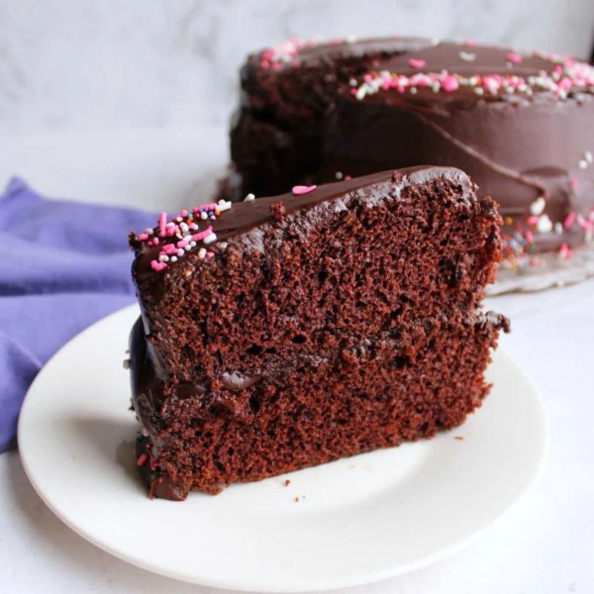 slice of moist chocolate layer cake with shiny chocolate frosting and sprinkles.