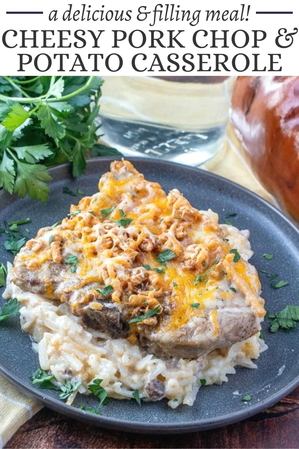 Hearty cheesy pork chop and potato casserole is a great meal the whole family will love. The pork chops and potatoes are even better when they cook together. Add a vegetable and dinner is done!