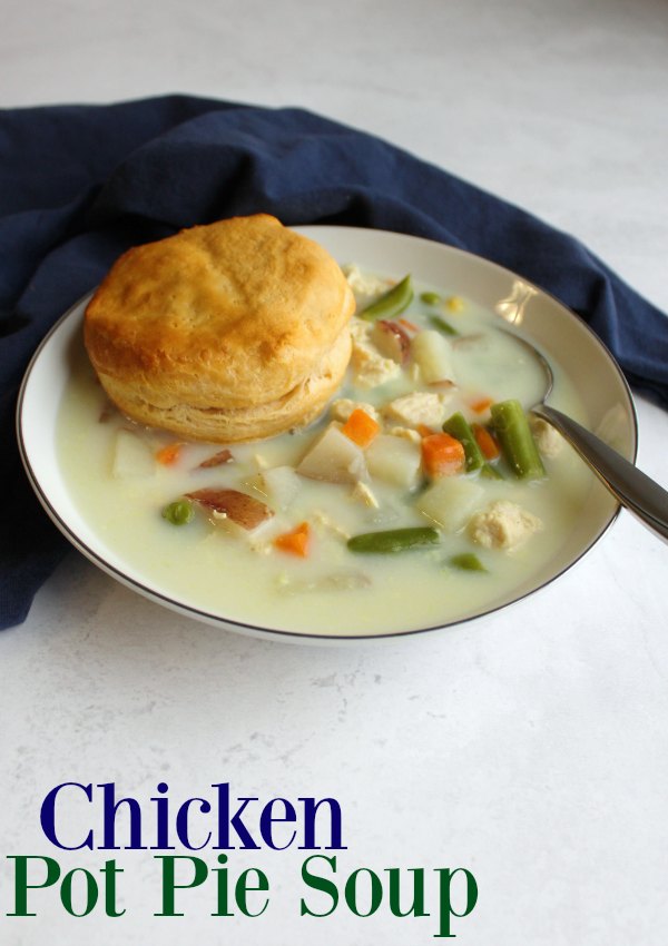  If you love a good creamy chicken pot pie, you are going to love this soup! It is hearty and full of the good stuff.  Plus it smells amazing as it simmers on the stove.  This is a great warm you up meal that is easily adapted to the ingredients you have on hand.  Float a biscuit or bits of pie crust on top for the perfect pot pie finish.