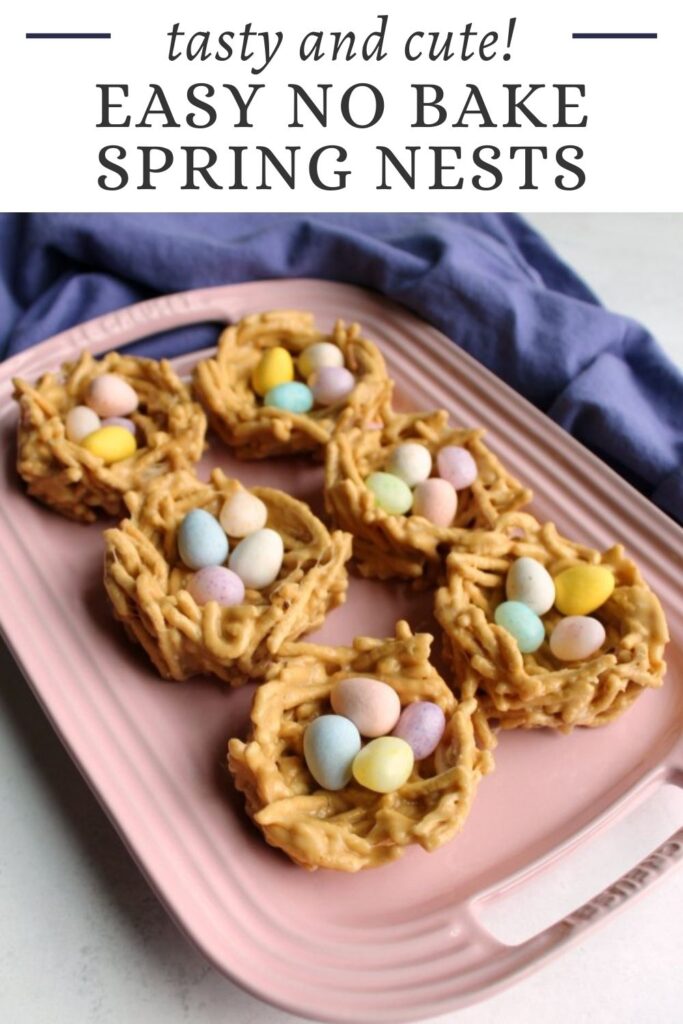 These cute edible nest treats are easy to make, no oven required! The no bake treats are always a hit and they are a great way to celebrate spring or Easter.  Add your favorite egg shaped candies to make them extra special. 