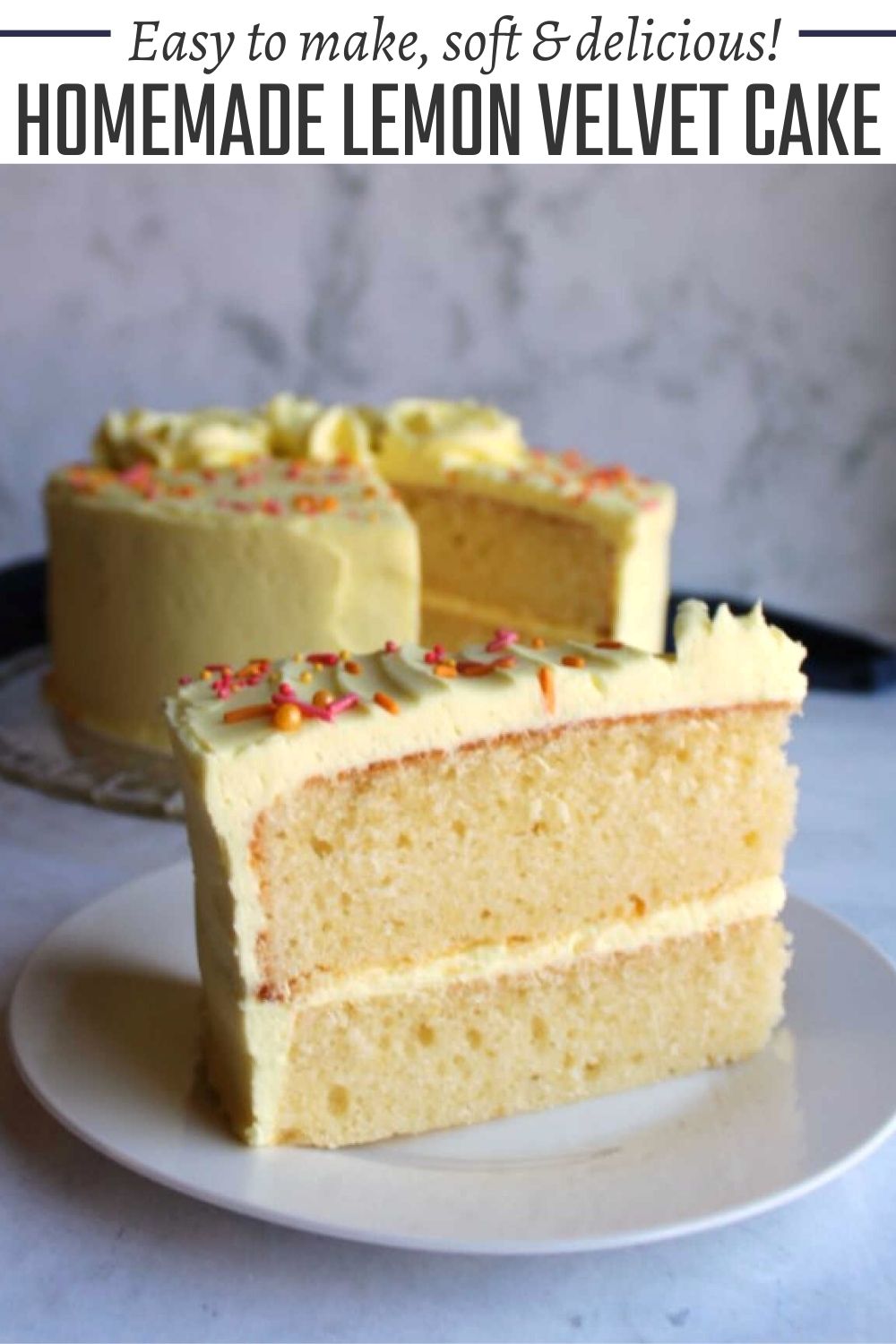 Layers of soft lemon cake wrapped in a luscious lemon frosting, this citrus twist on a velvet cake is a must make.  The recipe is super simple to make.  There's no butter to soften or crazy ingredients to get.  You'll have it in the oven in no time and you'll be thanking your lucky stars after the first bite!