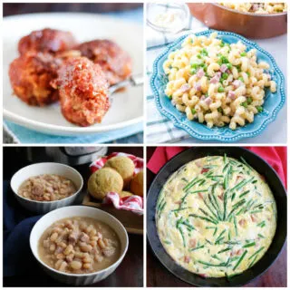 Collage of recipes using leftover ham including ham balls, ham and pasta, ham and beans and a ham and asparagus frittata.
