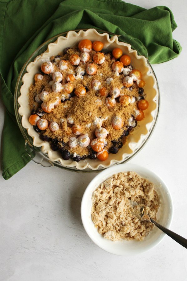 pie shell filled with fruit sprinkled with brown sugar and flour with a bowl of crumble topping.