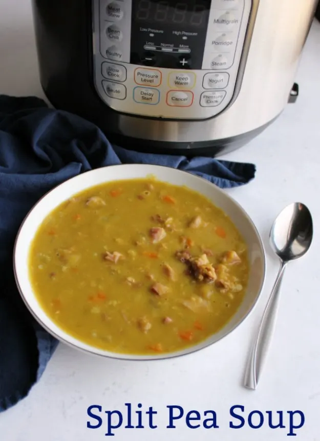 Turn a ham bone and bag of dry split peas into a hearty soup in a fraction of the time with the help of a pressure cooker. This recipe will have you sitting down to a bowl of warm comforting goodness before you know it.