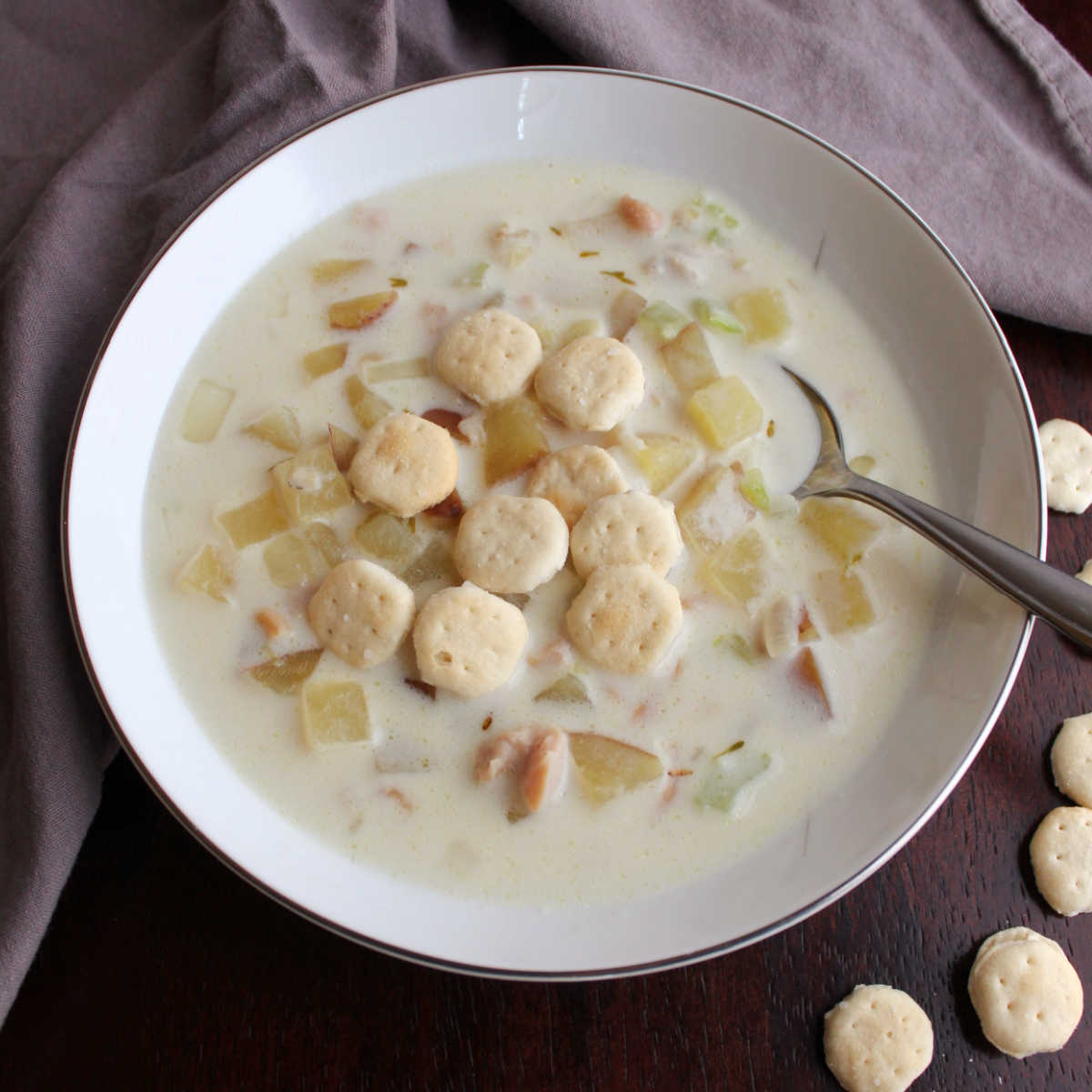 close up of spoon in bowl of creamy New England clam chowder with oyster crackers, ready to enjoy.