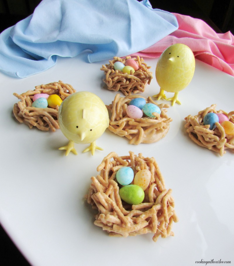 chow mein noodle nests with candy eggs and toy chicks