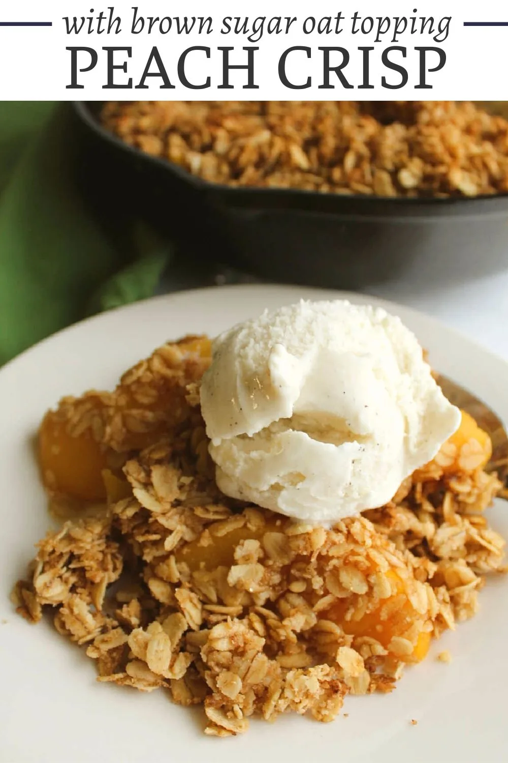 This peach crisp features peaches with a little bit of maple syrup and a brown sugar oat topping. It is great with fresh, frozen or canned peaches. Get a scoop of ice cream ready!
