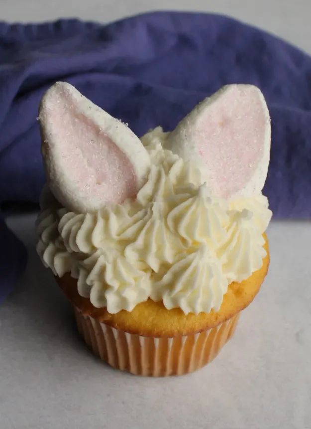 single cupcake with piped dollops of white frosting fur and marshmallow ears.
