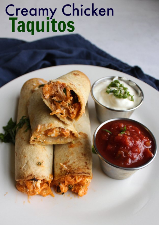 These taquitos are full of chicken, cheese and flavor. They are really easy to make and are a great snack, fun for game day or a great dinner!