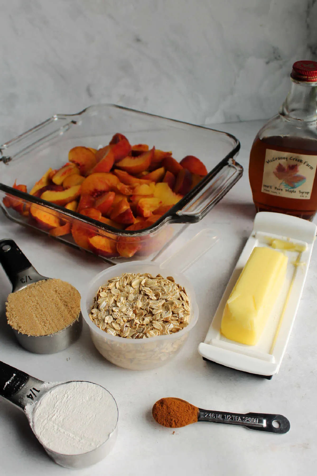 Ingredients ready to be made into peach crisp.