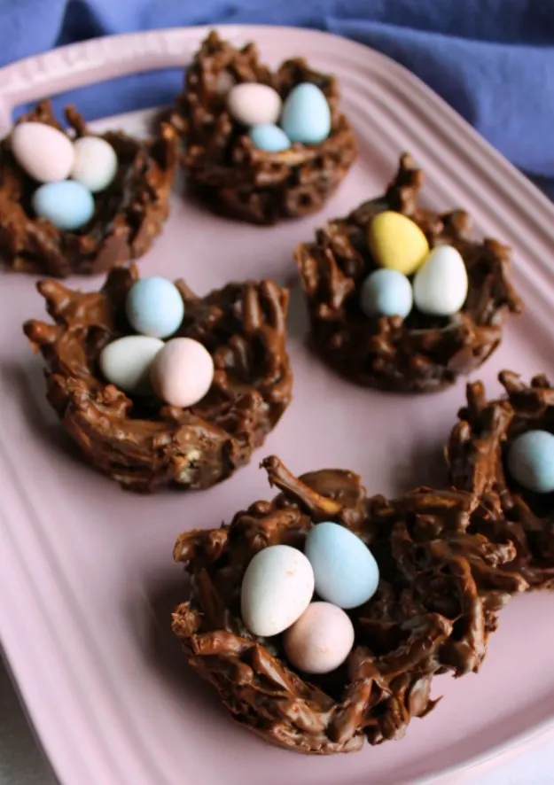 chocolate birds nest treats with candy eggs inside