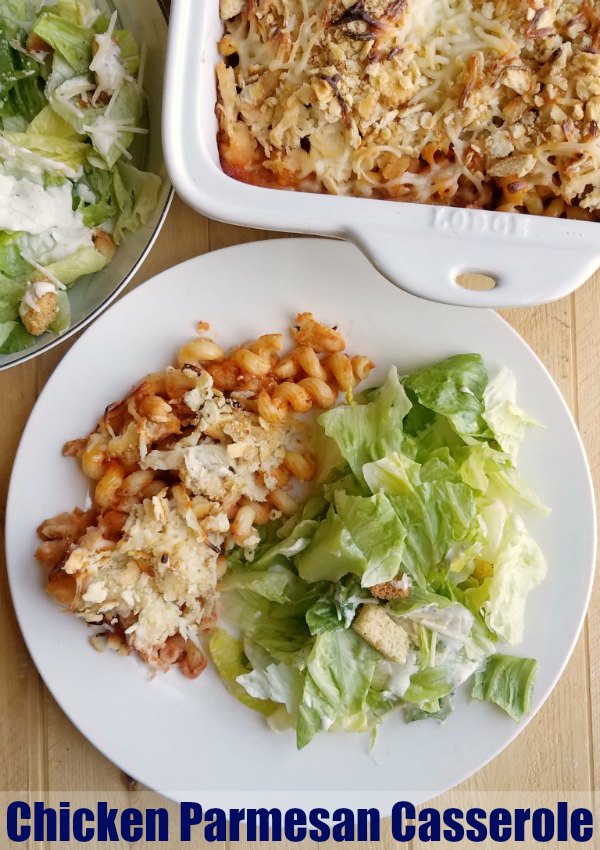 A hearty casserole stuffed with all of the good stuff, this chicken Parmesan and pasta bake is a  perfectly easy fill'em up dinner!