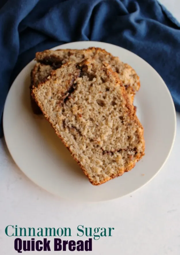 This quick bread is loaded with cinnamon sugar goodness. It's like a coffee cake in loaf form and is great for breakfast or a simple snack.