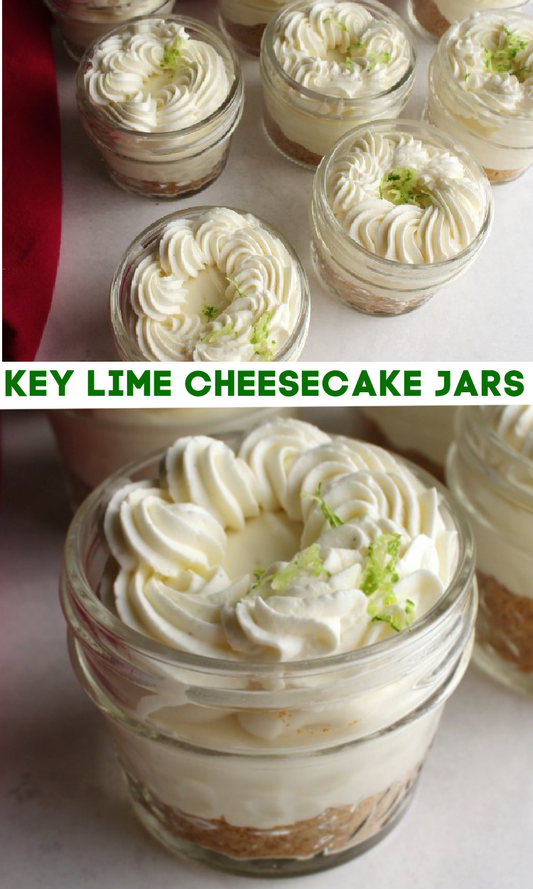 These fun little key lime pies are a perfect single serve dessert. They come together easily and are a great make ahead. Then when it's time to serve, you just pass out jars. No cutting and primping required! Plus the jars make them easily transportable. You can even toss them in a picnic basket or cooler and have a fun treat for the beach or picnic.