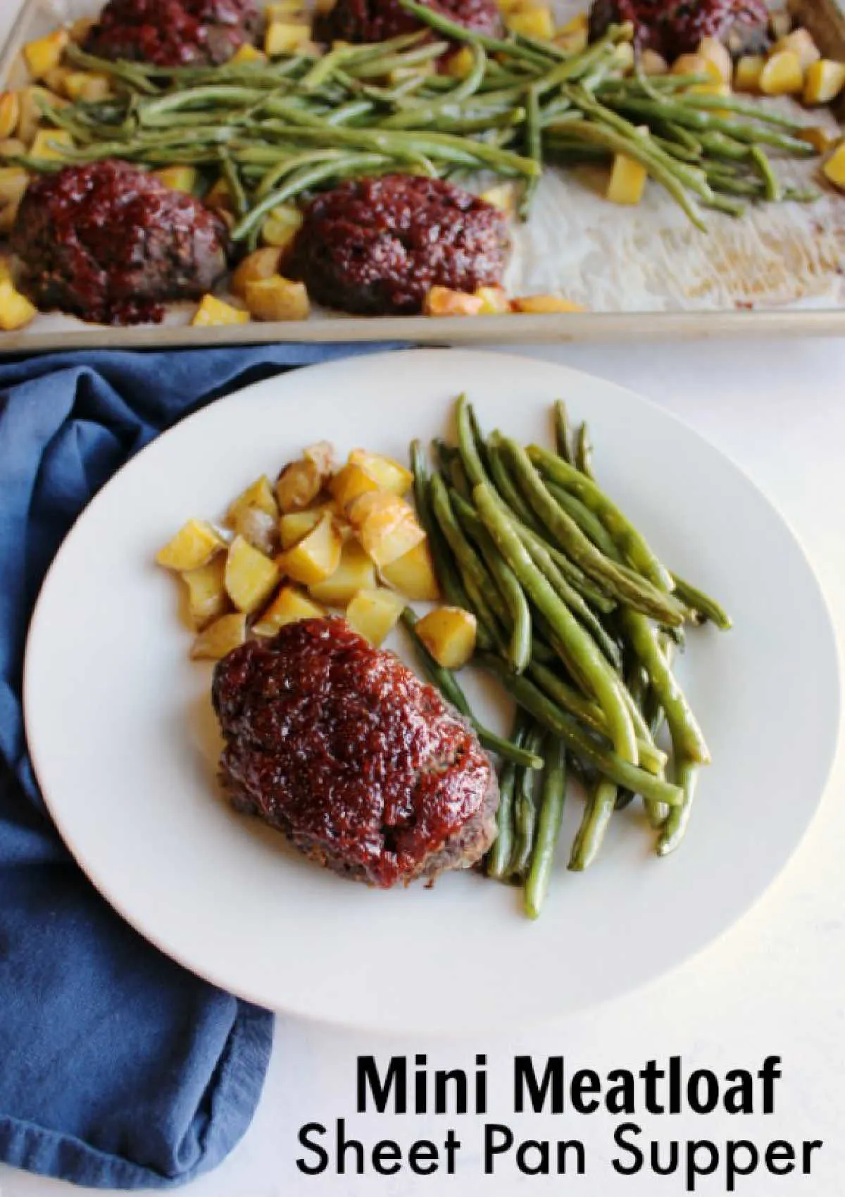Make your whole homestyle meal on one sheet pan. Everyone can enjoy their own mini meatloaf along with roasted green beans and potatoes and there's only one pan to clean!