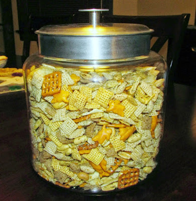 big glass jar filled with ranch snack mix