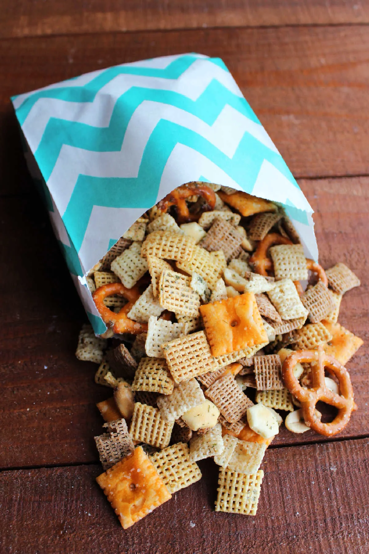 Chevron snack bag filled with crunchy dill ranch snack mix. 
