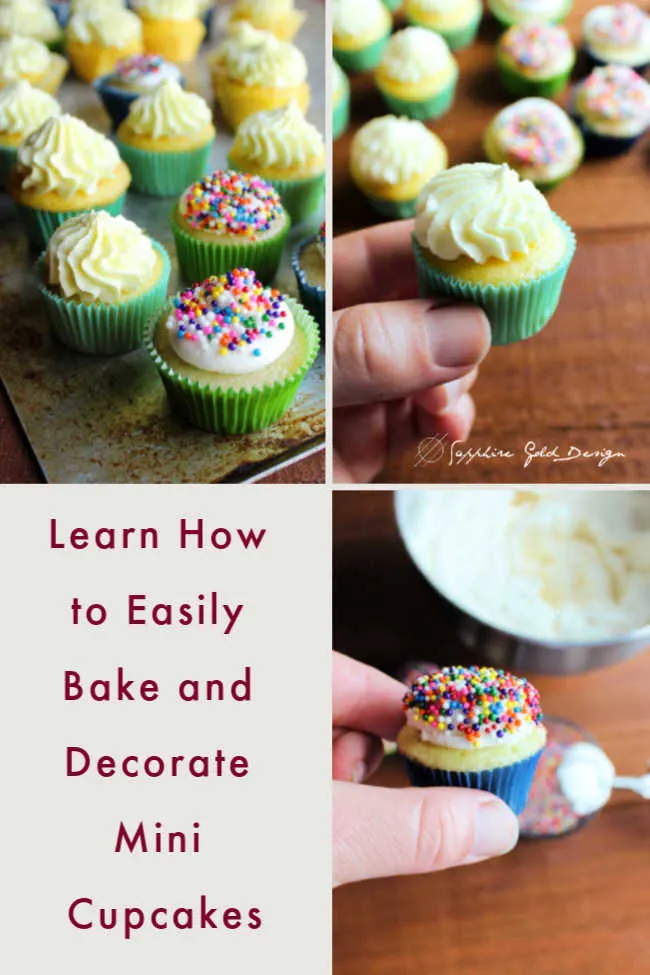 Little cupcakes are so much fun! They are a perfect way to get just a little something sweet or a great way to have one and still have room to try something else. Today I'll share how to make them quick and easy from a cake mix.  Plus I'll show you a couple super cute and fast ways to decorate them.