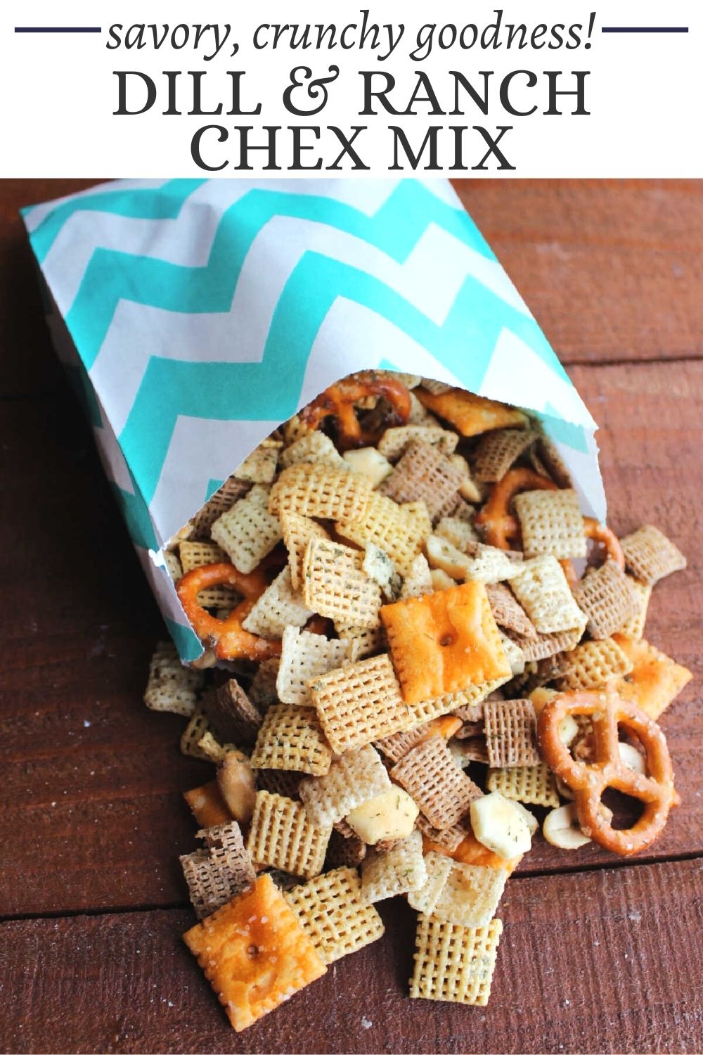 If savory snack mixes are your thing, you are in luck! This fun munchy mix is loaded with different shapes, textures and flavors. The dill and ranch coating makes it different than traditional chex mix in the best kind of way.  Serve it at a party, movie night or after school snack!
