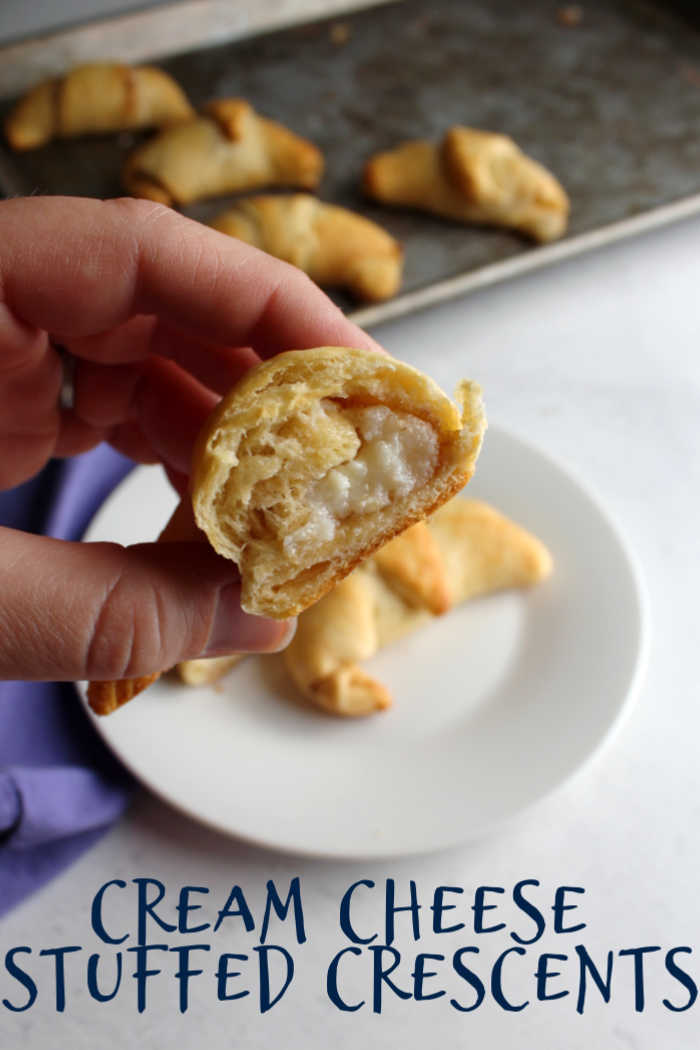 Crescent rolls stuffed with lightly sweetened cream cheese are a perfect treat. They are great for breakfast with a cup of coffee. The best part is they are super easy to put together.  You can be enjoying a flaky pastry in almost no time.