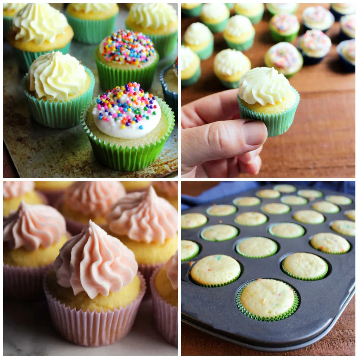 Collage of various images of mini cupcakes.