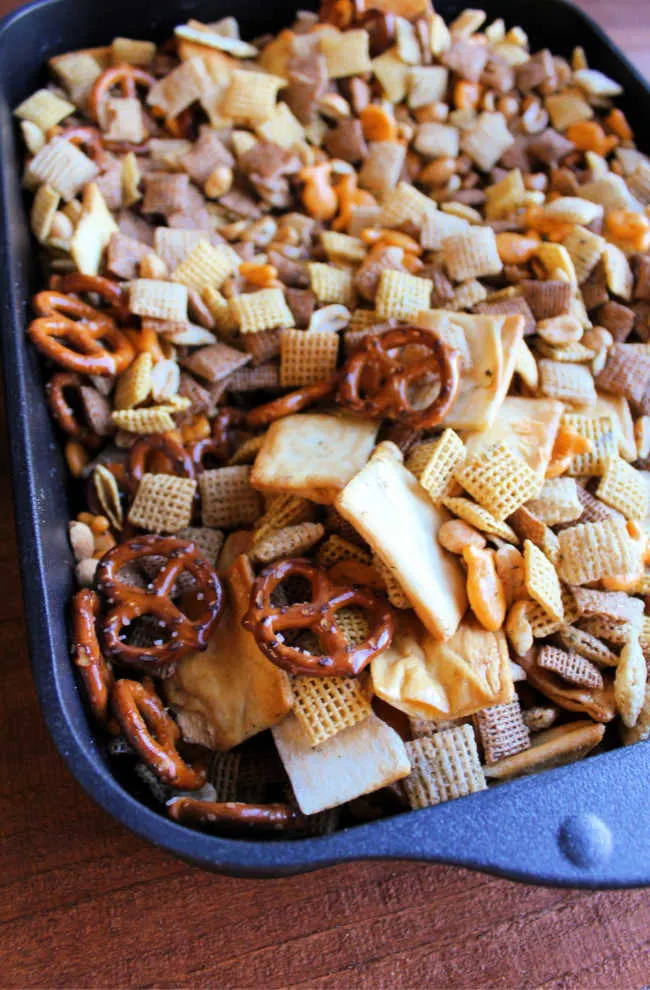 pan of ranch snack mix fresh from the oven