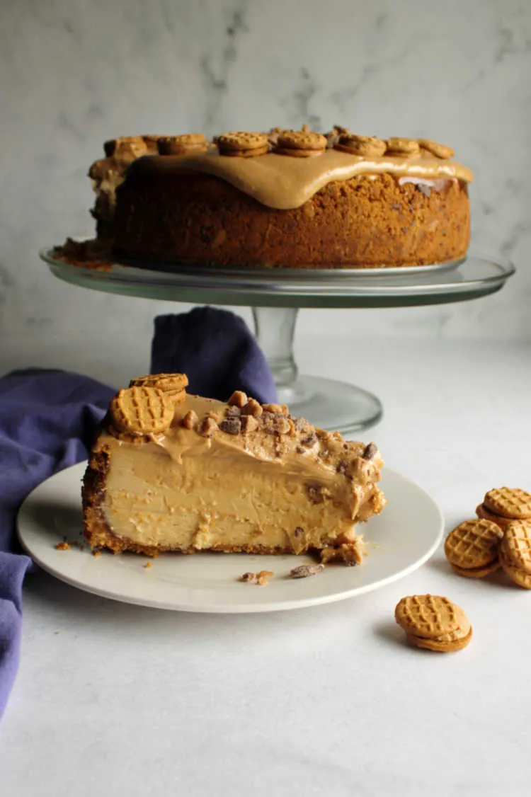 slice of peanut butter cheesecake in front of cake stand holding remaining dessert