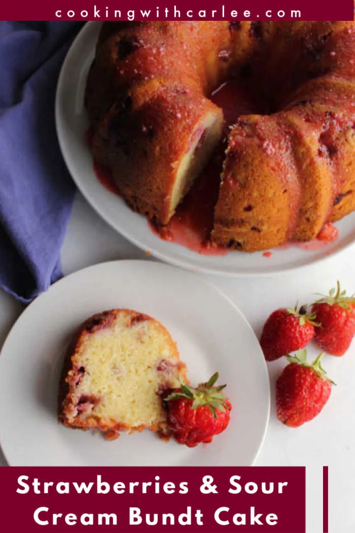 A soft and delicious bundt cake with chunks of fresh strawberries is a perfect dessert. The sour cream makes the texture of the cake superb. It's sweet, but not too sweet and the fresh berries are as good as you'd imagine. It is a perfect way to celebrate an abundant berry harvest!