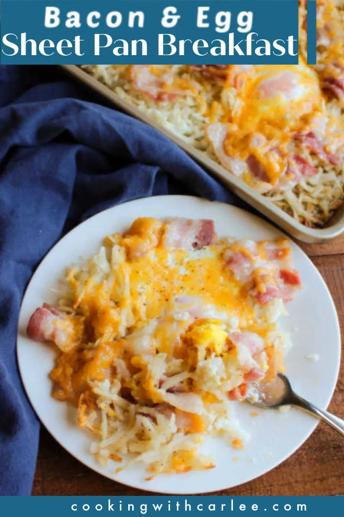 This sheet pan recipe makes getting breakfast on the table super easy.  The hash browns, eggs, bacon and cheese all cook together for one super meal.  It works great for a fun dinner as well!