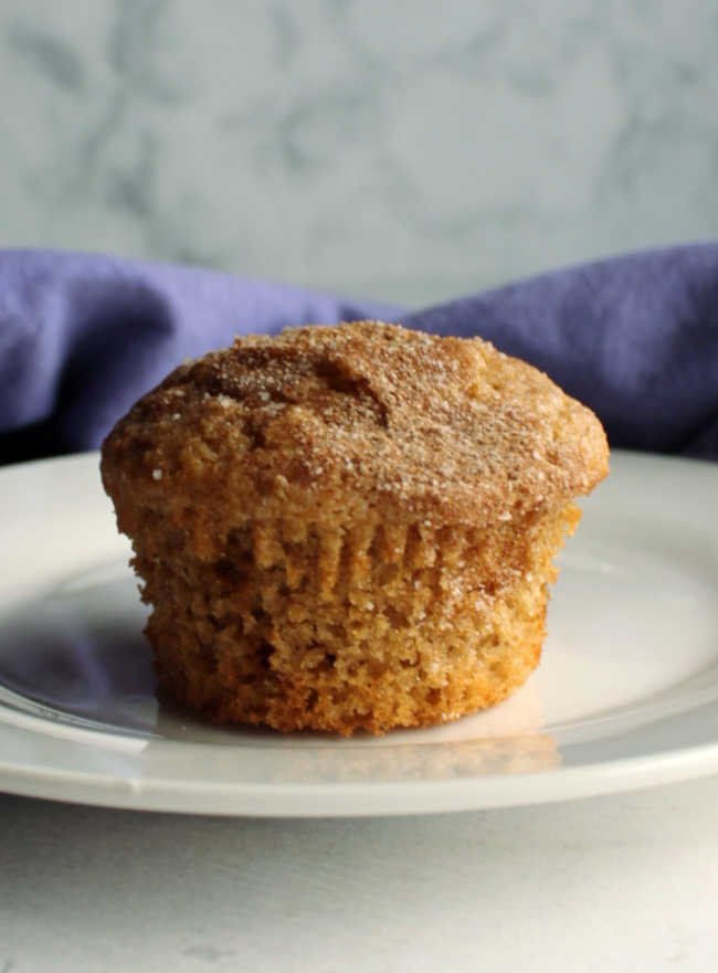 Plate with cinnamon sugar muffin with cupcake paper removed, showing soft underneath and cinnamon sugar coated muffin top.