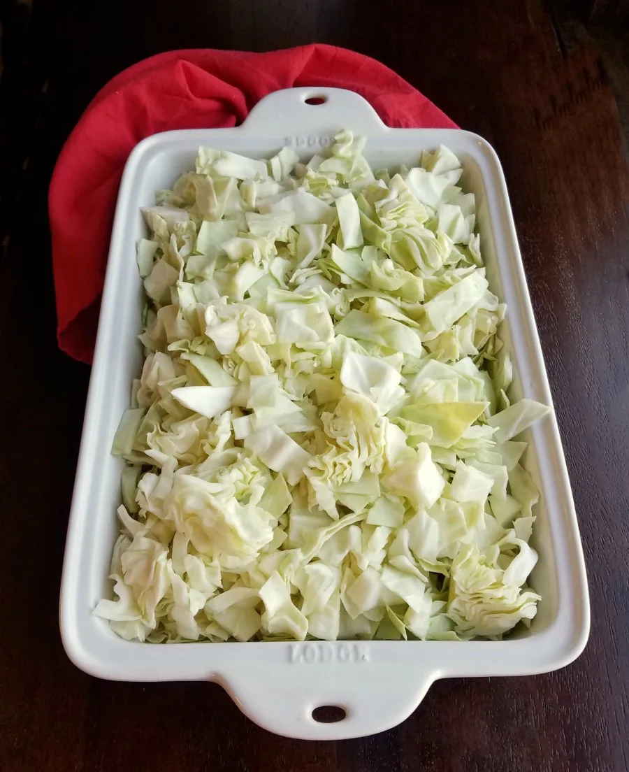 pan full of chopped cabbage.
