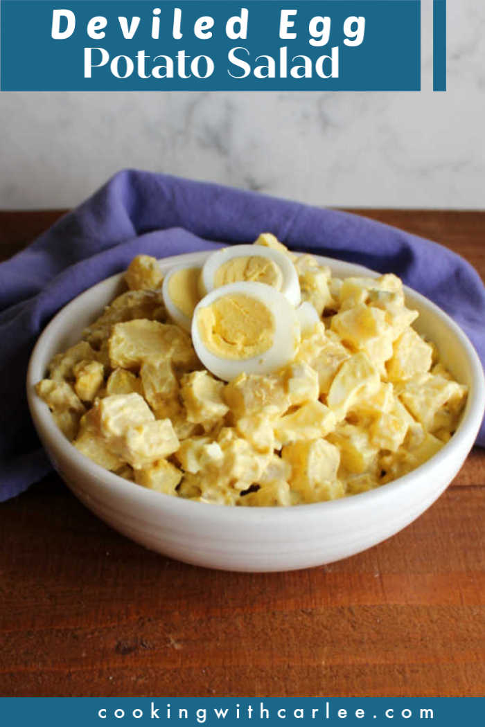 If you are in the market for a good potato salad, look no further! This has everything you love about old fashioned potato salad with the favorite parts of deviled eggs mixed in. It's loaded with eggs and flavor.  Homemade potato salad always feels special, but this takes it to the next level. It is perfect for picnics, potlucks, BBQs and more!