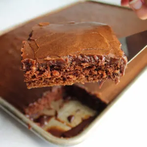 Lifting piece of chocolate Texas sheet cake out of pan showing moist chocolate cake and smooth fudgy icing.