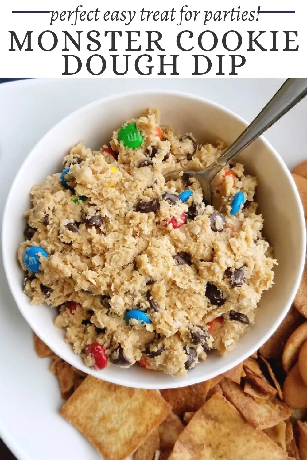 Monster cookie dough dip has all of the peanut butter, oats, and chocolate you love from the cookies, but in a fun dippable form. Use pretzels, graham crackers or apple slices to dig in and indulge your cookie dough cravings.