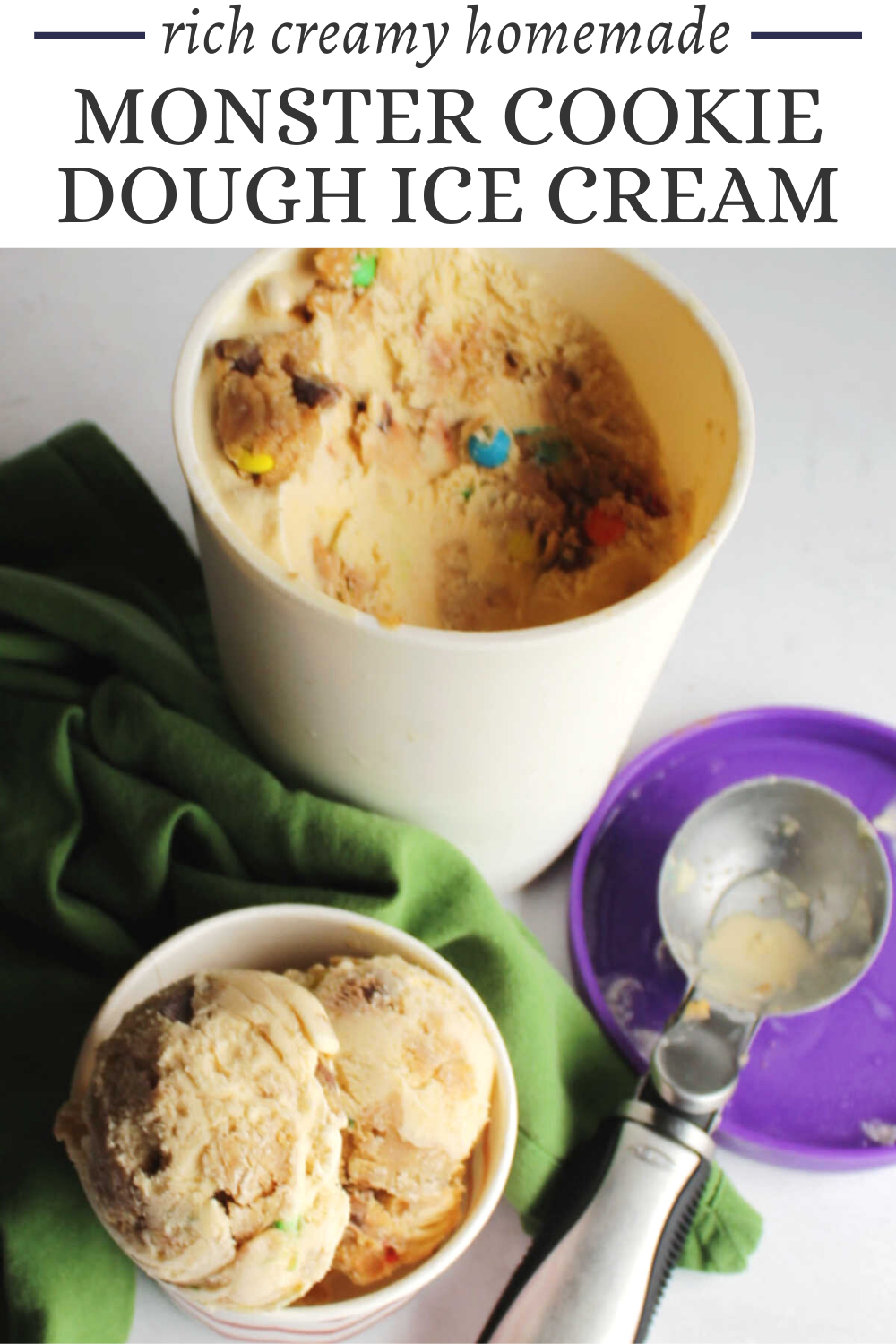 A peanut butter cookie dough ice cream base loaded with bits of frozen monster cookie dough is a match made in heaven. Your taste buds will be screaming for more ice cream!