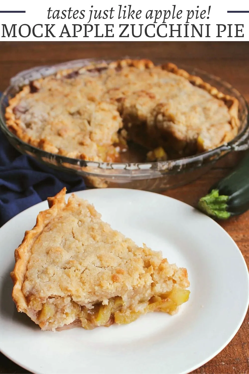 This mock apple zucchini pie is convincing enough to fool anyone. It tastes just like apple pie, but is really made with zucchini. The cinnamon spiced filling is topped with a buttery crumb for the perfect dessert.