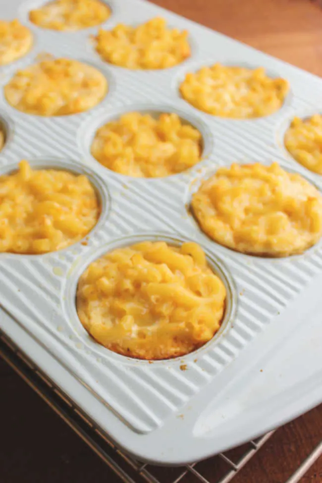 Muffin pan with baked macaroni and cheese muffins showing the cheese melted and everything being held together by the egg and cheese mixture.